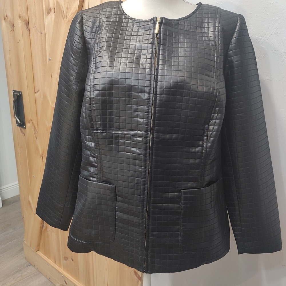 Sag Harbor Quilted Black Pleather Zip Jacket Sz 1X Lined Pockets Long Sleeve